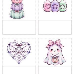 May include: A set of four illustrations featuring a stack of three pastel pumpkins, three potion bottles with moon stoppers, a heart-shaped spider web with a small spider, and a ghost wearing a pink bow holding a jack-o'-lantern bucket.