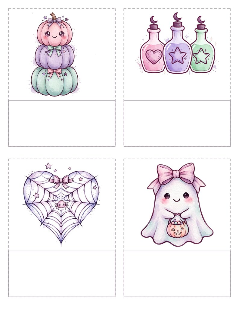 May include: A set of four illustrations featuring a stack of three pastel pumpkins, three potion bottles with moon stoppers, a heart-shaped spider web with a small spider, and a ghost wearing a pink bow holding a jack-o'-lantern bucket.