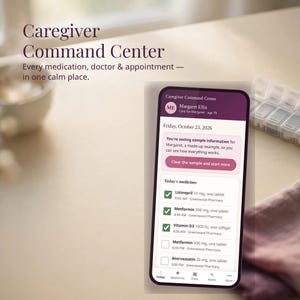 May include: A smartphone displaying the Caregiver Command Center app interface, showing a medication schedule for Margaret Ellis. The screen lists daily medicines including Lisinopril, Metformin, Vitamin D3, and Atorvastatin with dosage details.