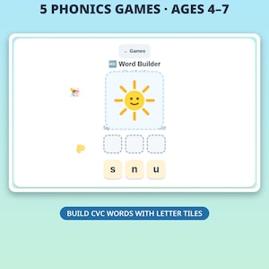 May include: A digital educational game interface titled Little Reader Games 5 Phonics Games Ages 4-7. The screen displays a Word Builder activity featuring a yellow sun icon, three empty dashed boxes, and letter tiles s, n, and u.