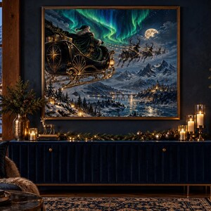 May include: A rectangular wall art print featuring a dark, ornate sleigh pulled by reindeer through a night sky illuminated by vibrant green aurora borealis and a full moon, hovering over a snow-covered mountain village and river.