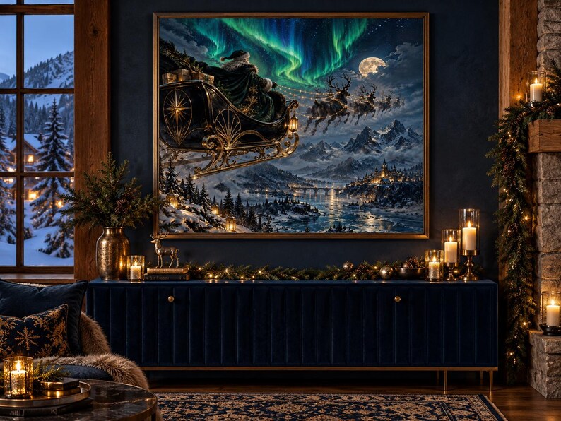 May include: A rectangular wall art print featuring a dark, ornate sleigh pulled by reindeer through a night sky illuminated by vibrant green aurora borealis and a full moon, hovering over a snow-covered mountain village and river.