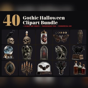 May include: A digital collection titled 40 Gothic Halloween Clipart Bundle featuring 14 distinct illustrations including a raven on a skull, a heart in a jar, a moth, a coffin, a crystal ball, an angel statue, a gargoyle, and a black cat.