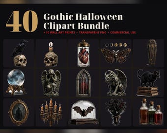 40 Gothic Halloween Clipart Bundle, Raven Skull Potion PNG, Dark Academia Junk Journal, Raven Clipart, Sublimation PNG, Commercial Use