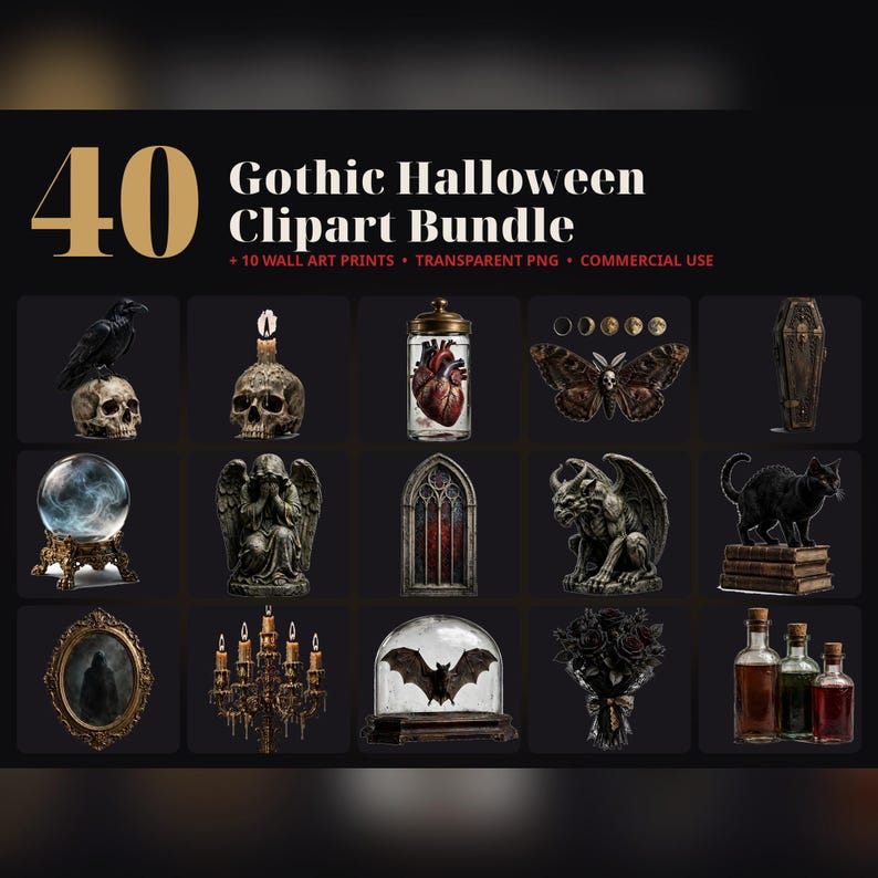 May include: A digital collection titled 40 Gothic Halloween Clipart Bundle featuring 14 distinct illustrations including a raven on a skull, a heart in a jar, a moth, a coffin, a crystal ball, an angel statue, a gargoyle, and a black cat.