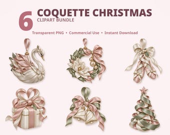 May include: A digital clipart bundle titled 6 COQUETTE CHRISTMAS featuring six illustrations: a swan ornament, a floral wreath, ballet slippers with ribbons, a gift box with a bow, two bells with ribbons, and a ribbon-wrapped Christmas tree.