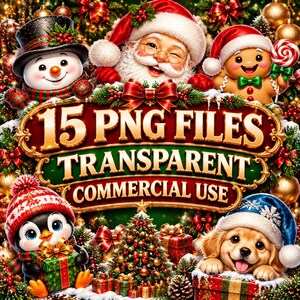 Paquete de imágenes prediseñadas navideñas Vol. 2 Parte 1 / 15 PNG transparentes / Papá Noel asomándose, muñeco de nieve, cachorro, gatito / Uso comercial imagen 8