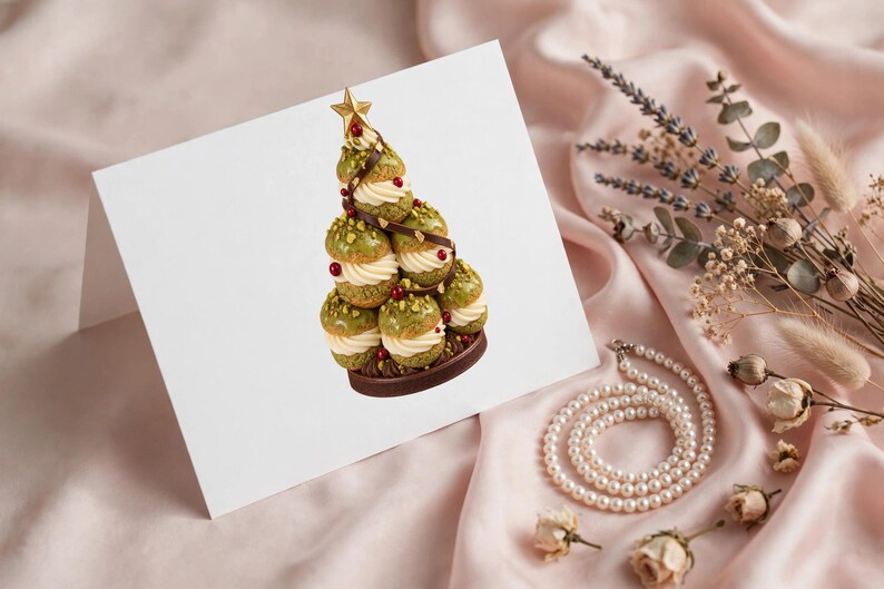 May include: A white greeting card featuring a printed image of a croquembouche shaped like a Christmas tree. The pastry tower is made of green glazed cream puffs, filled with white cream, decorated with red berries, and topped with a gold star.
