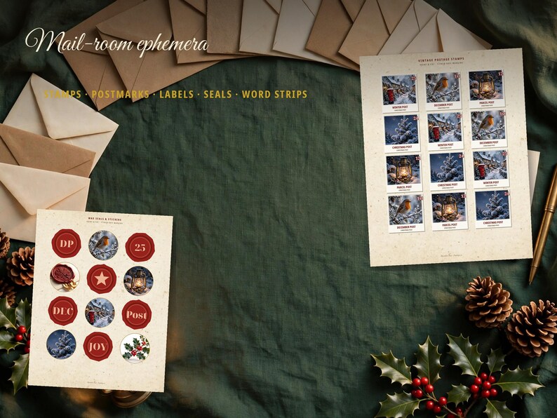 May include: A collection of mail-room ephemera featuring two sheets of paper with printed postage stamps and circular seals, surrounded by several tan envelopes, pinecones, and holly sprigs on a dark green fabric background.