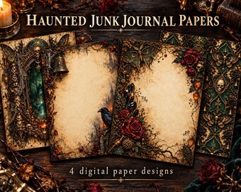 Midnight Reliquary Halloween Junk Journal Papers, 4 Gothic Digital Pages, Haunted Ledger Botanical Ephemera, Printable Junk Journal Kit