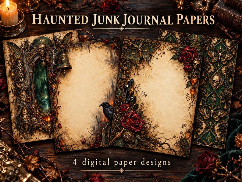 May include: Four sheets of digital paper featuring gothic designs with text reading Haunted Junk Journal Papers and 4 digital paper designs. The papers display illustrations of skulls, roses, ravens, butterflies, and ornate architectural elements in dark green, gold, and deep red tones on aged parchment backgrounds.