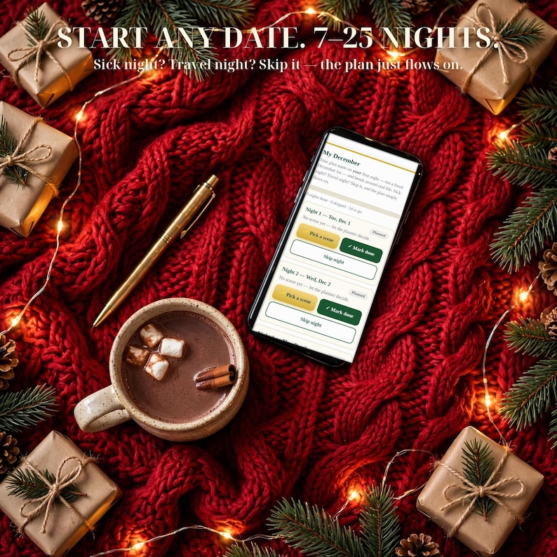May include: A smartphone displaying a digital planner app with the text My December, Night 1, and Night 2, alongside a gold pen and a ceramic mug of hot cocoa with marshmallows, set against a red cable knit blanket with gift boxes.