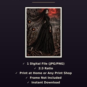 May include: A digital art print featuring a person in a long black gown standing in a dark forest with glowing lanterns, a red moon, and reaching hands. Text includes WHAT'S INCLUDED, 1 Digital File (JPG/PNG), 2:3 Ratio, Print at Home or Any Print Shop, Frame Not Included, and Instant Download.