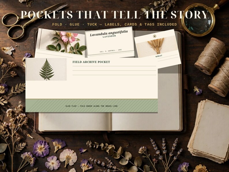 May include: A set of paper stationery featuring a Field Archive Pocket with a fern illustration, labels, and cards. The text reads POCKETS THAT TELL THE STORY, FOLD GLUE TUCK, Lavandula angustifolia, and WHEAT. Includes a green glue flap.