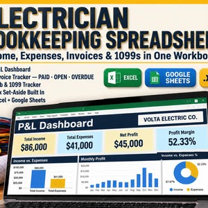 Electrician Bookkeeping Spreadsheet Invoice Tracker 1099 | Electrical Contractor Excel Google Sheets Small Business