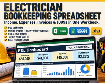 Electrician Bookkeeping Spreadsheet Invoice Tracker 1099 | Electrical Contractor Excel Google Sheets Small Business