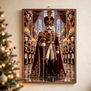 May include: A framed wall art print featuring a central nutcracker figure in a deep red velvet uniform with gold embroidery, a tall hat, and a scepter. The figure stands in a grand hall with rows of smaller nutcracker soldiers in the background.