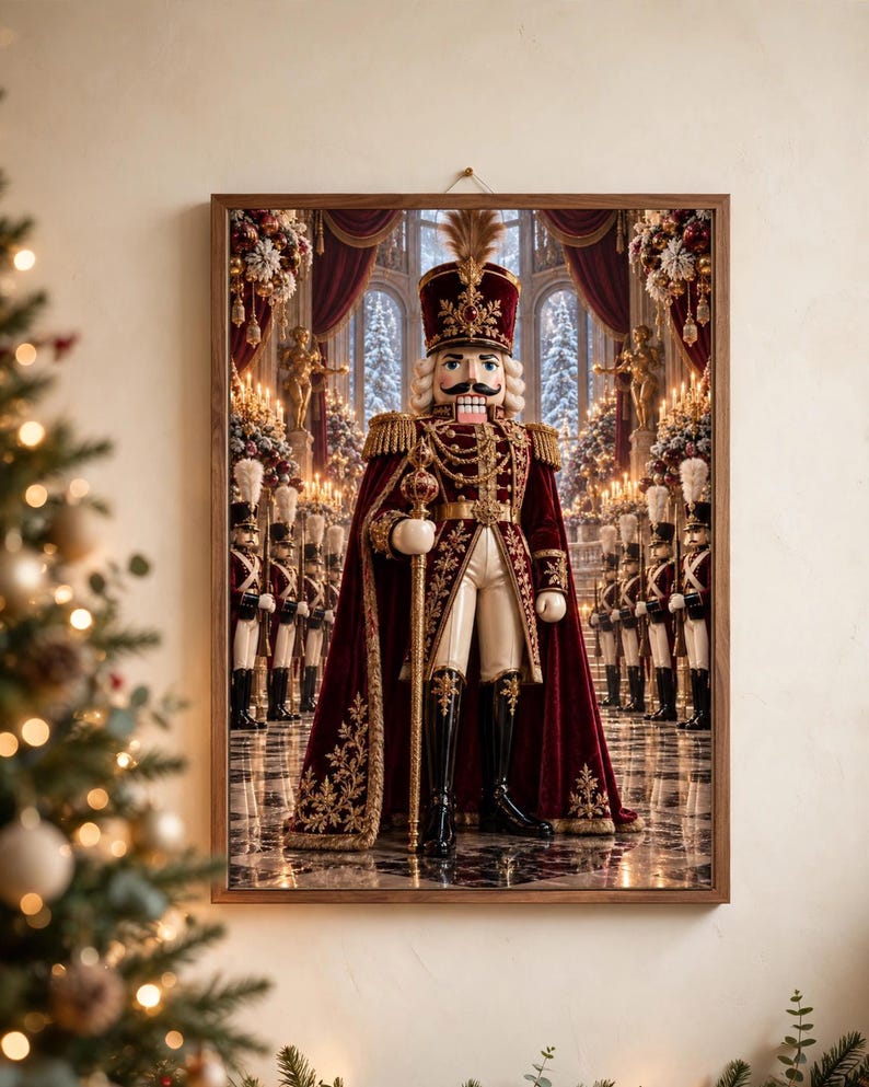 May include: A framed wall art print featuring a central nutcracker figure in a deep red velvet uniform with gold embroidery, a tall hat, and a scepter. The figure stands in a grand hall with rows of smaller nutcracker soldiers in the background.