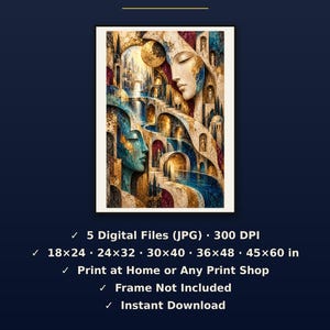 May include: A digital art print featuring two faces integrated into an architectural landscape with arches, stairs, and water. Text includes: WHAT'S INCLUDED, 5 Digital Files (JPG) 300 DPI, 18x24, 24x32, 30x40, 36x48, 45x60 in, Print at Home or Any Print Shop, Frame Not Included, Instant Download.