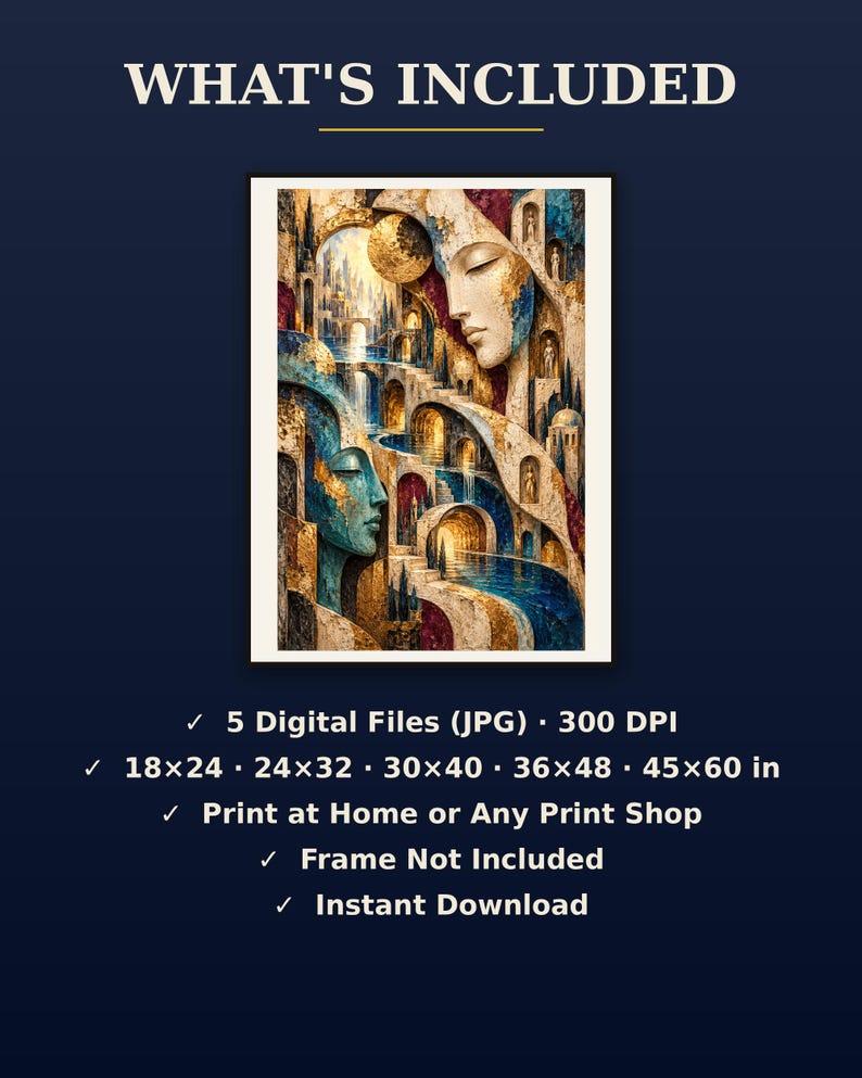 May include: A digital art print featuring two faces integrated into an architectural landscape with arches, stairs, and water. Text includes: WHAT'S INCLUDED, 5 Digital Files (JPG) 300 DPI, 18x24, 24x32, 30x40, 36x48, 45x60 in, Print at Home or Any Print Shop, Frame Not Included, Instant Download.
