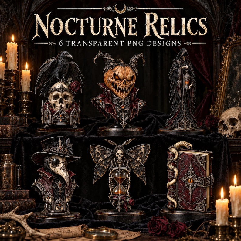 May include: A digital collection titled Nocturne Relics 6 Transparent PNG Designs featuring six gothic illustrations: a raven on a skull, a pumpkin creature, a hooded figure with a lantern, a plague doctor, a moth skeleton, and a serpent book.