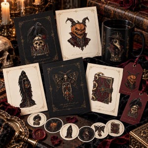 May include: A collection of stationery items featuring dark illustrations including a skull with a raven, a pumpkin-headed figure, a plague doctor, a cloaked reaper, a moth with an hourglass, and a spellbook on cards, tags, and circular stickers.