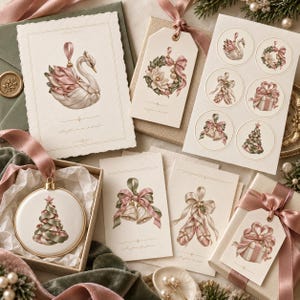 May include: A collection of cream-colored stationery featuring illustrations of a swan, Christmas tree, bells, ballet slippers, and gift boxes with pink ribbons. Includes a round ceramic ornament with a tree graphic and gift tags.