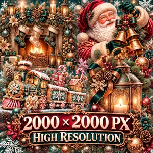 May include: A festive holiday scene featuring Santa Claus holding gold bells, a fireplace with stockings, a decorated toy train, and a lantern. A decorative sign at the bottom displays the text 2000 x 2000 PX HIGH RESOLUTION.