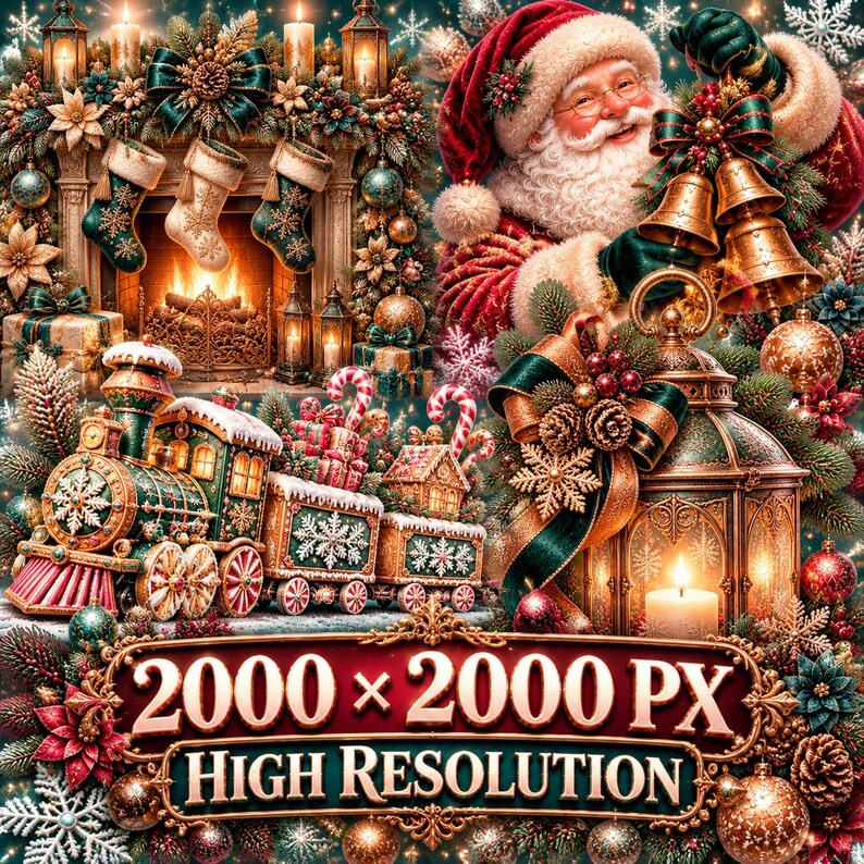 May include: A festive holiday scene featuring Santa Claus holding gold bells, a fireplace with stockings, a decorated toy train, and a lantern. A decorative sign at the bottom displays the text 2000 x 2000 PX HIGH RESOLUTION.