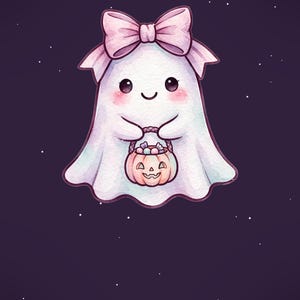 May include: A white ghost illustration featuring a large pink bow on its head, rosy cheeks, and a smiling expression. The ghost is holding a small, light orange pumpkin-shaped bucket filled with colorful candies against a dark purple background.