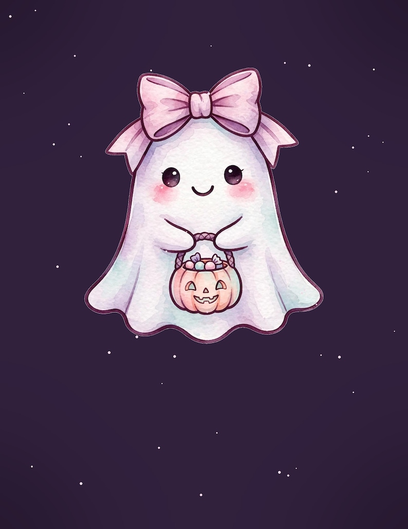 May include: A white ghost illustration featuring a large pink bow on its head, rosy cheeks, and a smiling expression. The ghost is holding a small, light orange pumpkin-shaped bucket filled with colorful candies against a dark purple background.