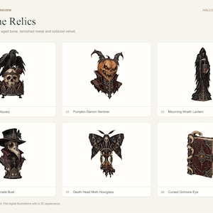 May include: A design review sheet titled Nocturne Relics featuring six illustrations: a raven skull reliquary, a pumpkin demon sentinel, a mourning wraith lantern, a plague masquerade bust, a death head moth hourglass, and a cursed grimoire eye.
