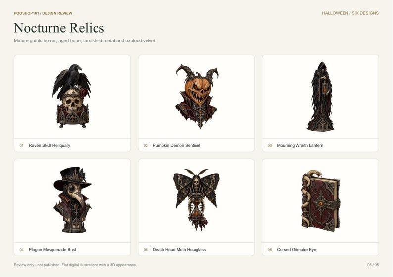 May include: A design review sheet titled Nocturne Relics featuring six illustrations: a raven skull reliquary, a pumpkin demon sentinel, a mourning wraith lantern, a plague masquerade bust, a death head moth hourglass, and a cursed grimoire eye.