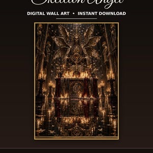 May include: Digital wall art titled Skeleton Angel featuring a skeletal figure with large wings seated on an altar surrounded by numerous lit candles in a dark, ornate hall. The scene includes small flying butterflies and a reflective floor surface.