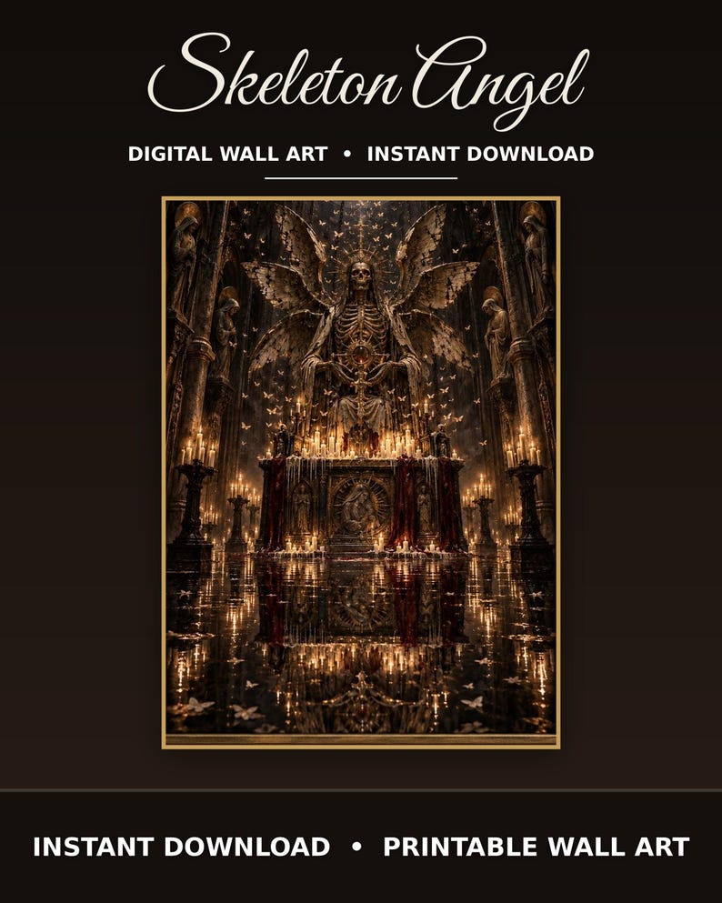 May include: Digital wall art titled Skeleton Angel featuring a skeletal figure with large wings seated on an altar surrounded by numerous lit candles in a dark, ornate hall. The scene includes small flying butterflies and a reflective floor surface.