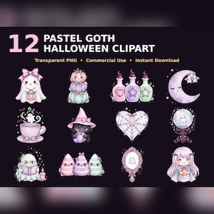 May include: A collection of 12 digital illustrations titled 12 PASTEL GOTH HALLOWEEN CLIPART. The set features ghosts, pumpkins, potion bottles, a crescent moon, a cat in a witch hat, a spiderweb heart, a crystal ball, and a mirror.