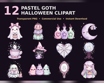 Pastel Goth Halloween Clipart, 12 Cute Spooky PNG Bundle, Kawaii Ghost Pumpkin Watercolor, Sublimation Designs, Commercial Use
