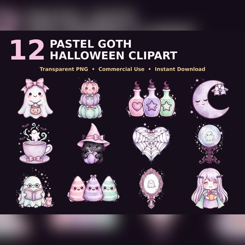 May include: A collection of 12 digital illustrations titled 12 PASTEL GOTH HALLOWEEN CLIPART. The set features ghosts, pumpkins, potion bottles, a crescent moon, a cat in a witch hat, a spiderweb heart, a crystal ball, and a mirror.