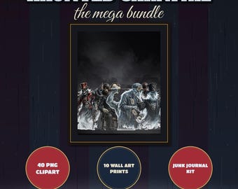 Haunted Carnival Mega Bundle, 40 Clipart PNG + 10 Wall Art Prints, Junk Journal Kit, Dark Circus Bundle, Gothic Craft Kit, Commercial Use