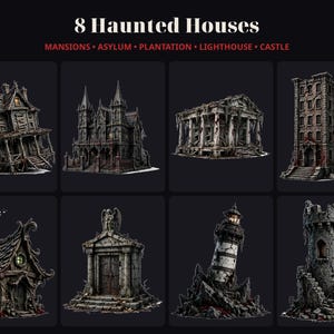 May include: A collection of 8 Haunted Houses featuring mansions, an asylum, a plantation, a lighthouse, and a castle. The digital illustrations depict weathered, dark, and decaying architectural structures with intricate details and textures.