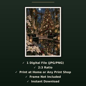 K&ouml;nnte beinhalten: Eine digitale Datei mit dem Text WHAT'S INCLUDED, 1 Digital File (JPG/PNG), 2:3 Ratio, Print at Home or Any Print Shop, Frame Not Included, Instant Download, mit einem Weihnachtsbaum in einem Wintergarten.