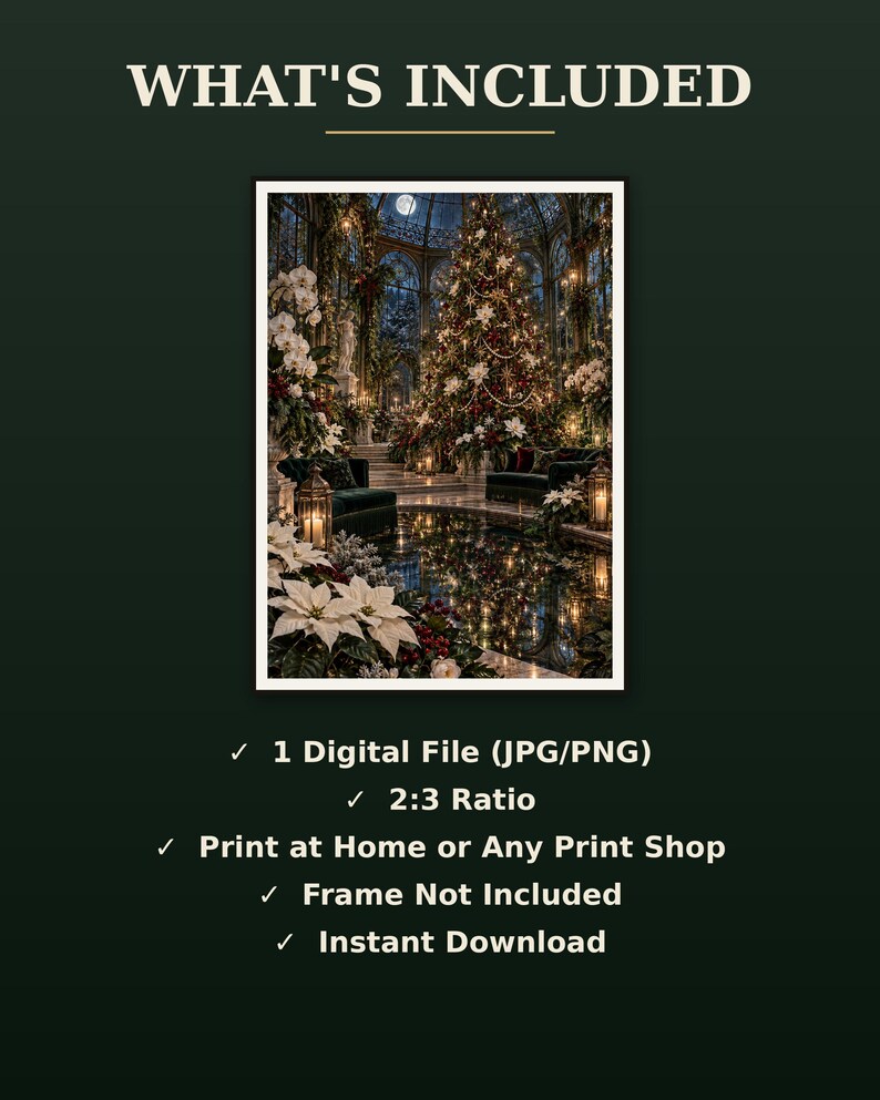 K&ouml;nnte beinhalten: Eine digitale Datei mit dem Text WHAT'S INCLUDED, 1 Digital File (JPG/PNG), 2:3 Ratio, Print at Home or Any Print Shop, Frame Not Included, Instant Download, mit einem Weihnachtsbaum in einem Wintergarten.