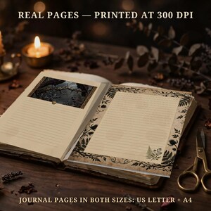 May include: An open journal featuring cream-coloured lined pages with decorative black botanical borders and a rectangular illustration. Text at the top reads REAL PAGES &mdash; PRINTED AT 300 DPI and at the bottom JOURNAL PAGES IN BOTH SIZES: US LETTER + A4.