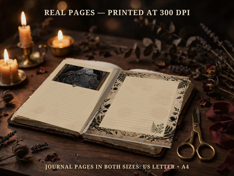 May include: An open journal featuring cream-coloured lined pages with decorative black botanical borders and a rectangular illustration. Text at the top reads REAL PAGES &mdash; PRINTED AT 300 DPI and at the bottom JOURNAL PAGES IN BOTH SIZES: US LETTER + A4.