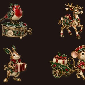 May include: A set of four decorative figurines featuring a robin on a round box, a reindeer with gifts, a rabbit playing an accordion, and a mouse pulling a cart with a gift. Each piece has metallic gold, red, and green accents.