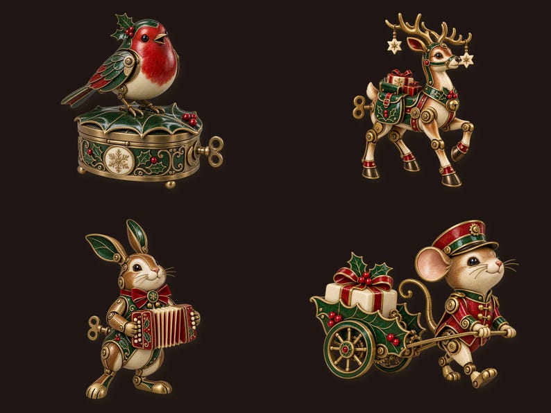 May include: A set of four decorative figurines featuring a robin on a round box, a reindeer with gifts, a rabbit playing an accordion, and a mouse pulling a cart with a gift. Each piece has metallic gold, red, and green accents.