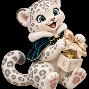May include: A ceramic snow leopard figurine with white fur and grey spots, wearing a dark teal velvet cape with a white fur collar and a pearl clasp. The leopard holds a white gift box with gold snowflake patterns and a gold star inside.
