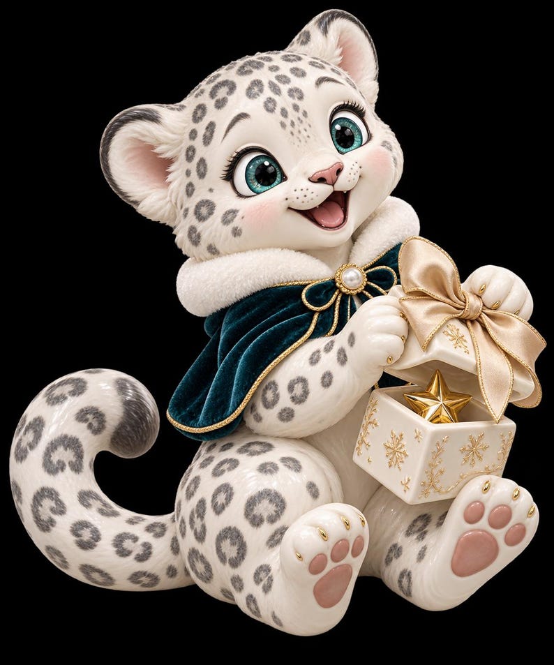May include: A ceramic snow leopard figurine with white fur and grey spots, wearing a dark teal velvet cape with a white fur collar and a pearl clasp. The leopard holds a white gift box with gold snowflake patterns and a gold star inside.