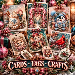 May include: A collection of Christmas-themed greeting cards and gift tags featuring illustrations of a cocoa mug, a candy cane archway, a penguin, a reindeer, a mouse with a gift, and a cardinal, with a banner reading CARDS TAGS CRAFTS.