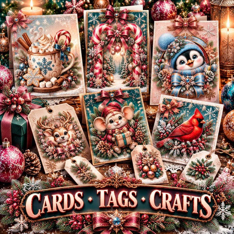 May include: A collection of Christmas-themed greeting cards and gift tags featuring illustrations of a cocoa mug, a candy cane archway, a penguin, a reindeer, a mouse with a gift, and a cardinal, with a banner reading CARDS TAGS CRAFTS.